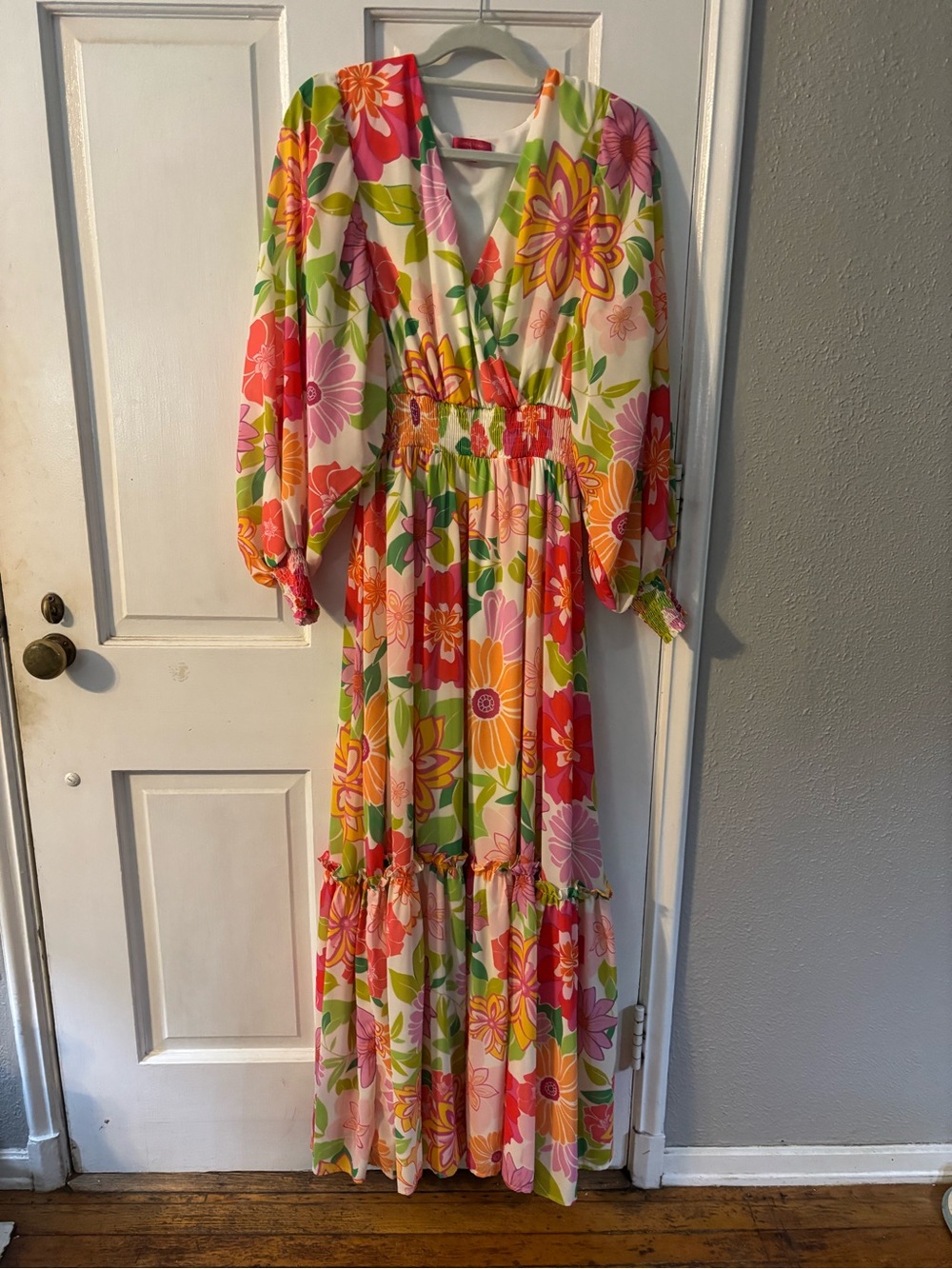 Flying Tomato Multicolor Floral Maxi Dress L V-Neck Long Sleeve Smocked Waist